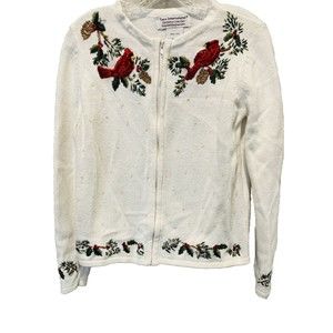 Tiera International Women’s Sweater White Sz Small Cardinal Full Zip Cardigan